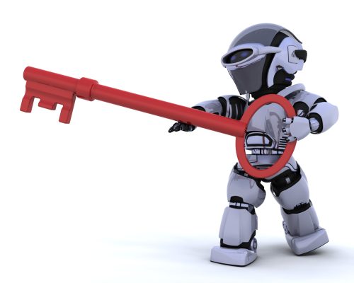 robot holding a key 3D render of a robot holding a key