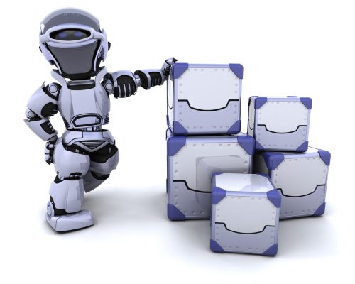 robot moving shipping boxes 3D render of a robot moving shipping boxes